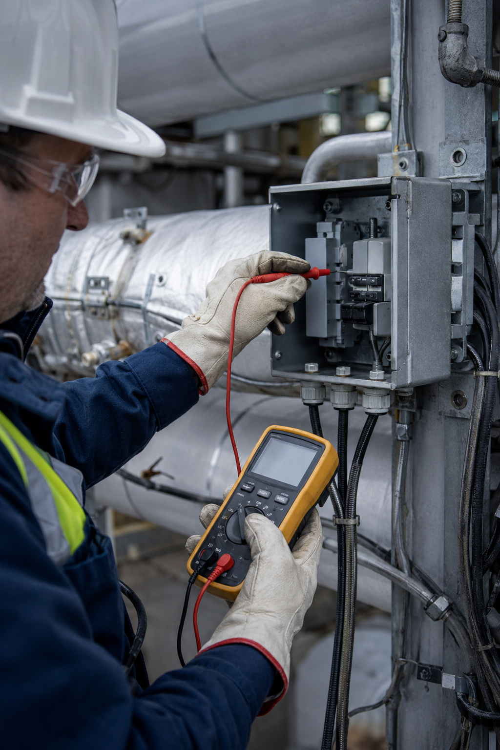Representative technician testing a heat-trace power box with an electrical meter