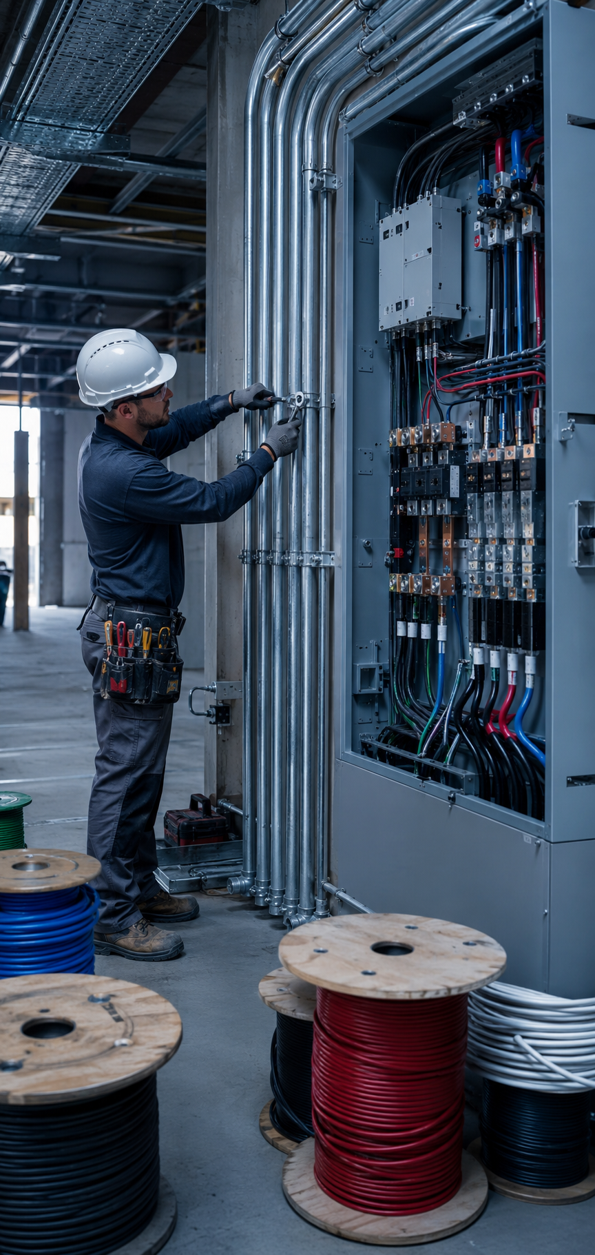 Representative electrician installing conduit beside an industrial panel and wire spools